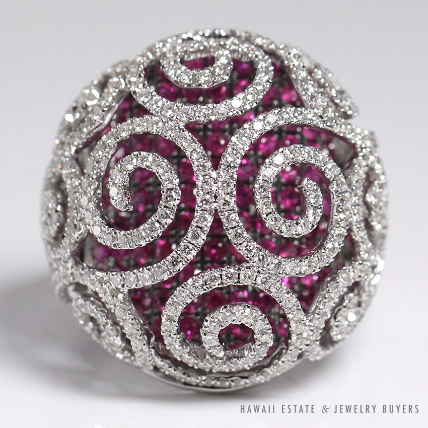 VINTAGE 3.30CTW DIAMOND & 2.46CTW BURMESE RUBY CUT OUT DOME UNIQUE ESTATE RING