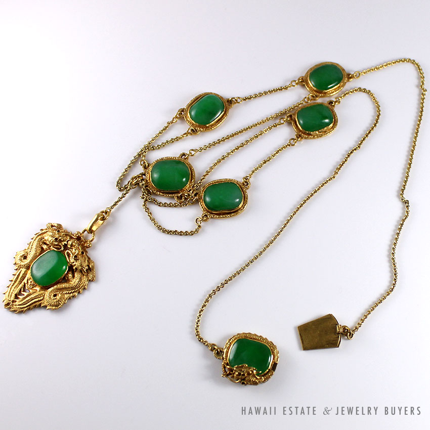 VINTAGE NATURAL BRIGHT GREEN JADEITE JADE 24K GOLD NECKLACE W/ APPRAISAL