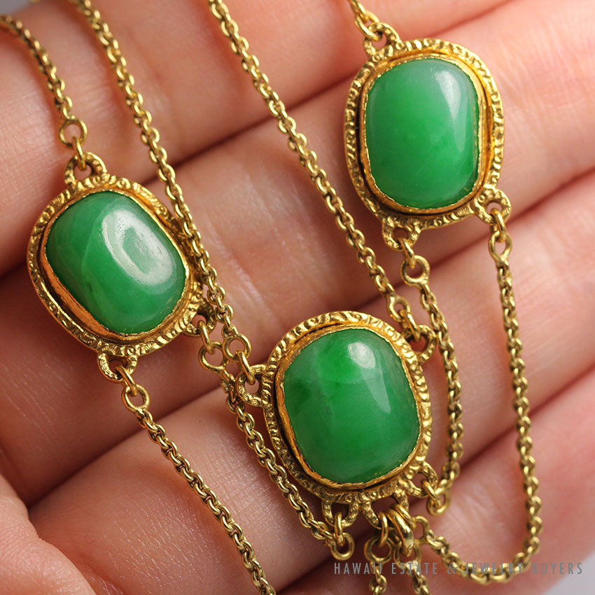 VINTAGE NATURAL BRIGHT GREEN JADEITE JADE 24K GOLD NECKLACE W/ APPRAISAL - Image 3