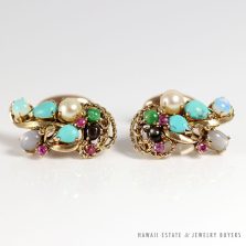 VINTAGE MULTI COLOR TURQUOISE SAPPHIRE PEARL MOONSTONE 10K YELLOW GOLD CUFFLINK