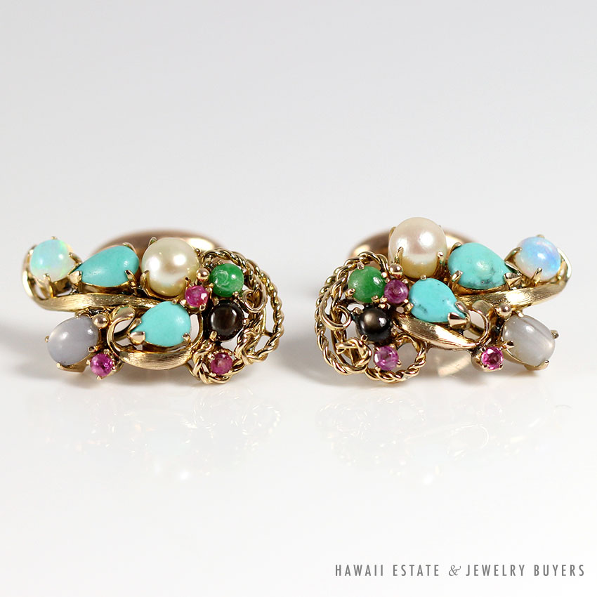 Vintage Turquoise Cabochon Pearl Two-Tone 10K Gold Cufflinks