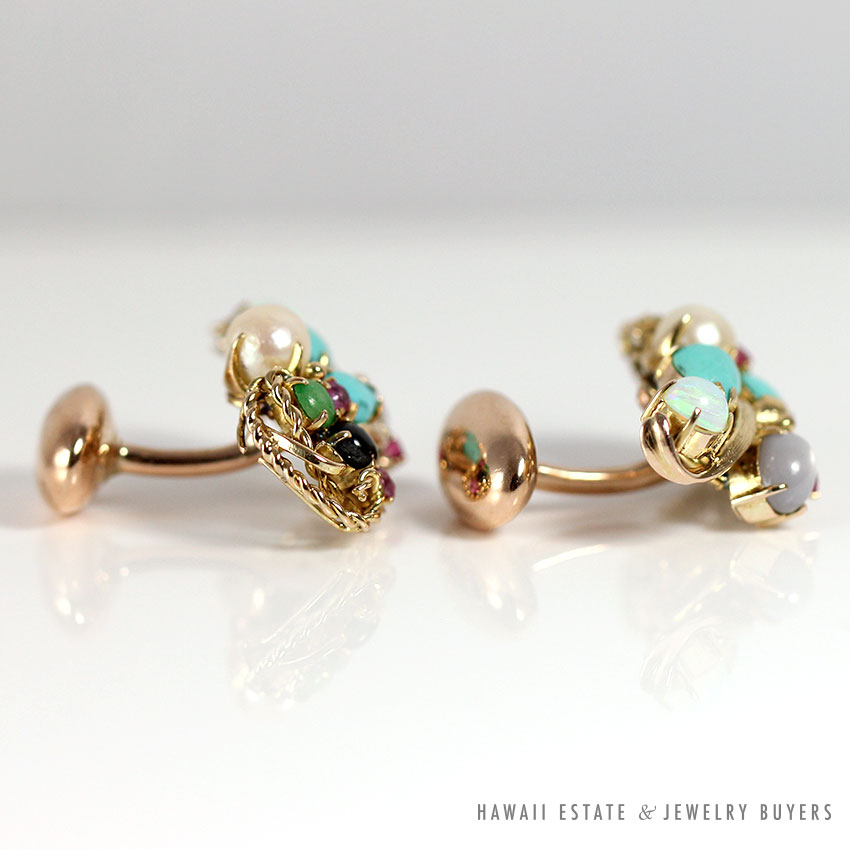 Vintage Turquoise Cabochon Pearl Two-Tone 10K Gold Cufflinks - Image 5