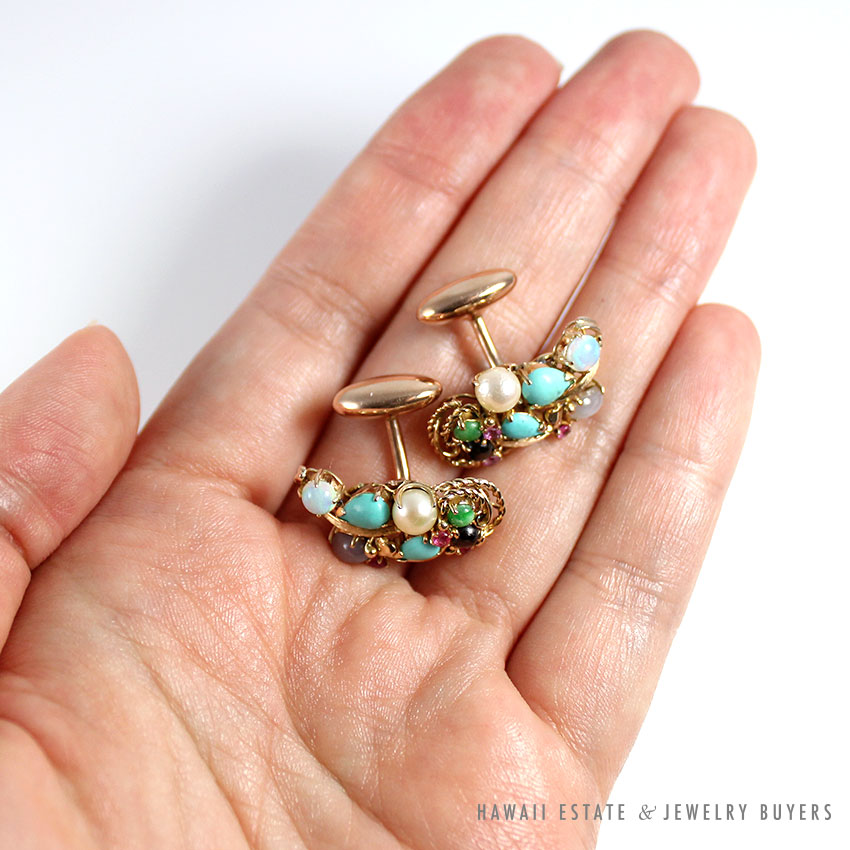 Vintage Turquoise Cabochon Pearl Two-Tone 10K Gold Cufflinks - Image 7