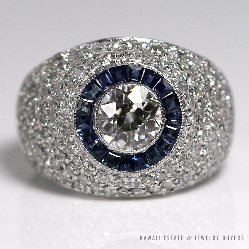 Estate 0.98ct European Diamond w/ Natural Sapphires & 1.50ctw Diamonds Setting Platinum Ring