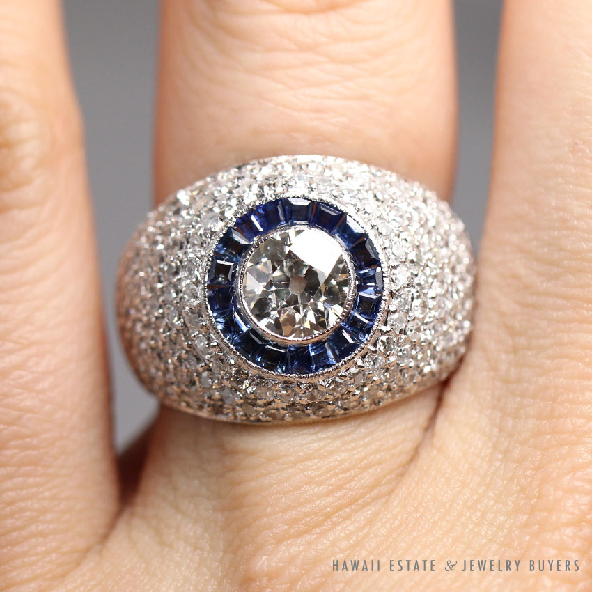 Estate 0.98ct European Diamond w/ Natural Sapphires & 1.50ctw Diamonds Setting Platinum Ring - Image 3