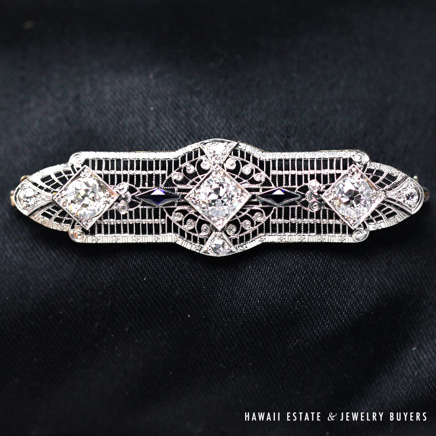 PHENOMENAL ANTIQUE 1920'S 1.95CTW J VS2 DIAMOND AND SAPPHIRE ART DECO BROOCH