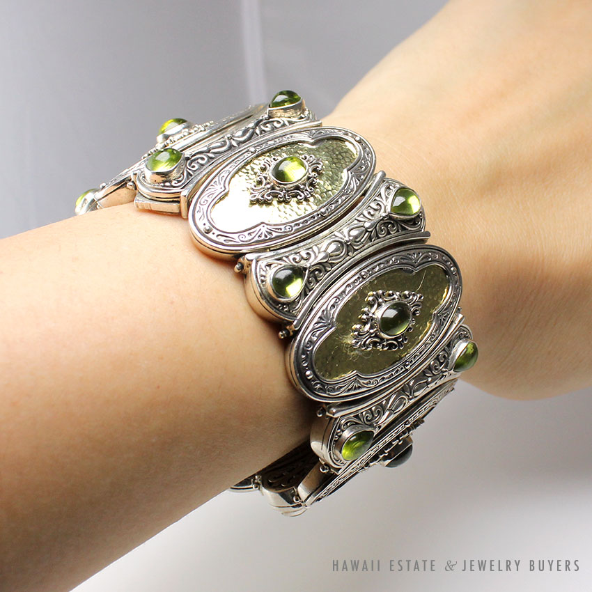 KONSTANTINO ASPASIA 925/18KY WIDE PERIDOT CABOCHON HIDDEN CLASP LINK BRACELET - Image 3