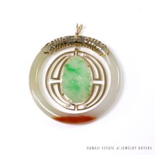 VINTAGE MOTTLED NATURAL A JADE AND DIAMOND 14K YELLOW GOLD CHINESE PENDANT