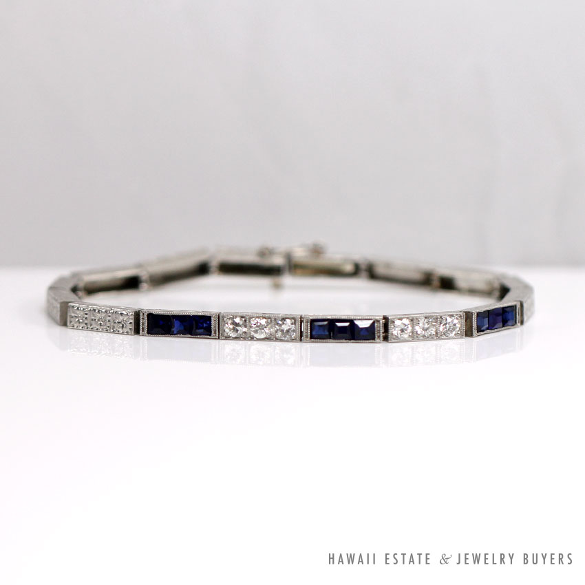 Art Deco Old European Diamond & Synthetic Sapphire Platinum Bracelet 6.5 Inch