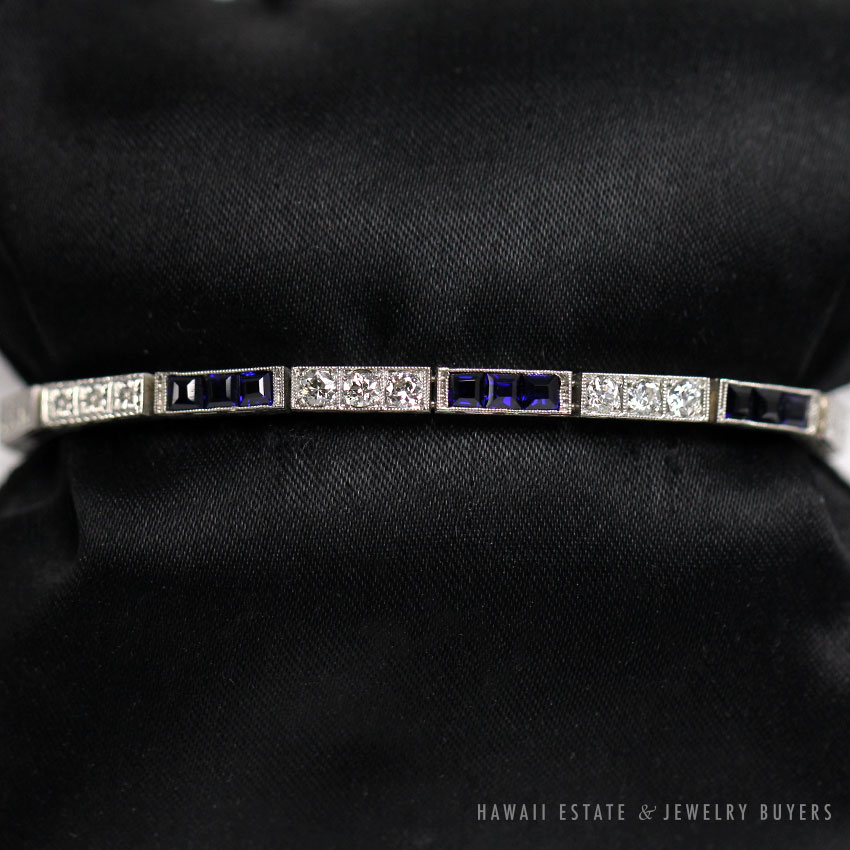 Art Deco Old European Diamond & Synthetic Sapphire Platinum Bracelet 6.5 Inch - Image 3
