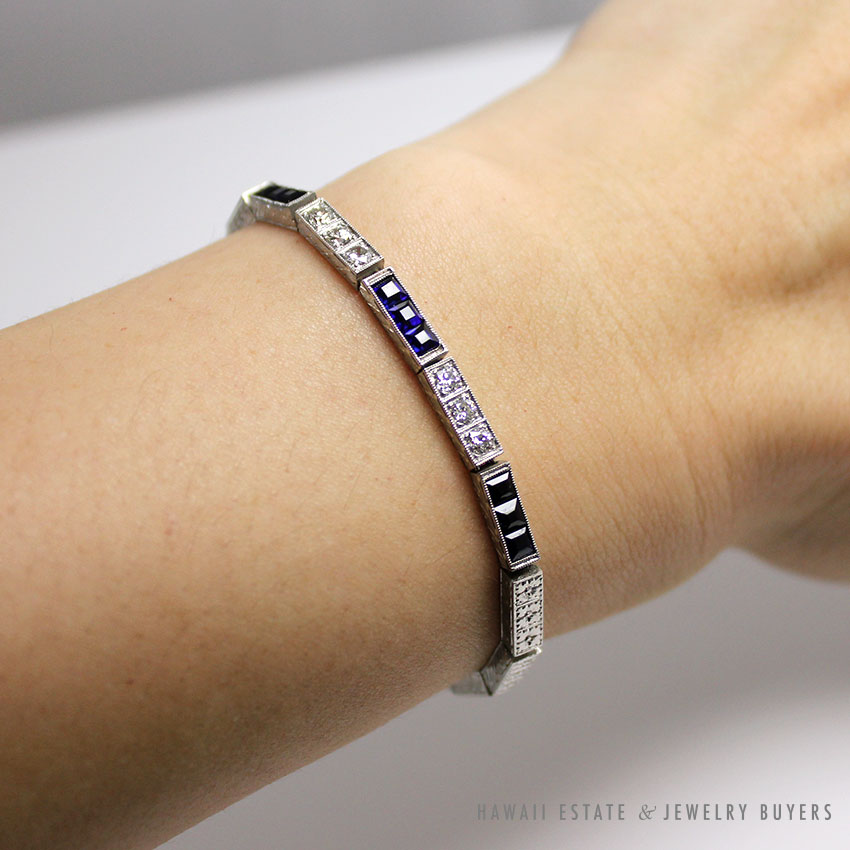 Art Deco Old European Diamond & Synthetic Sapphire Platinum Bracelet 6.5 Inch - Image 4