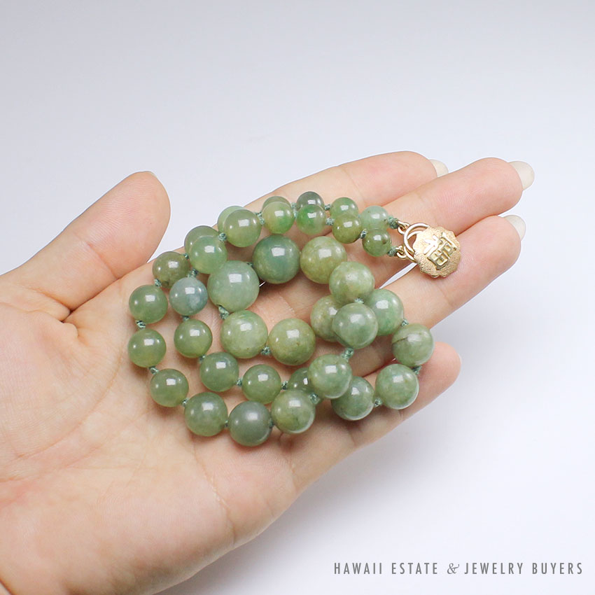 Ming's Hawaii Green Jade Bead Necklace 16 Inch with 14K Yellow Gold Clasp - Image 3