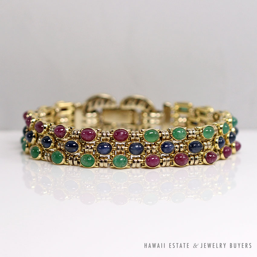Vintage Natural Cabochon Ruby Sapphire Emerald Yellow Gold Bracelet 7 3/4" w/ Appraisal