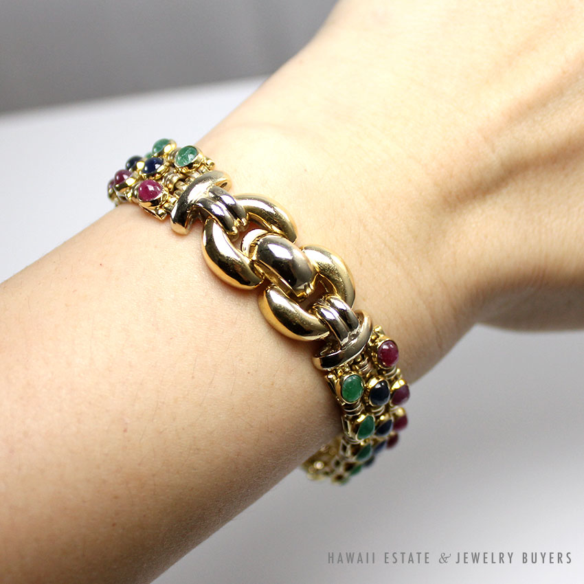 Vintage Natural Cabochon Ruby Sapphire Emerald Yellow Gold Bracelet 7 3/4" w/ Appraisal - Image 3