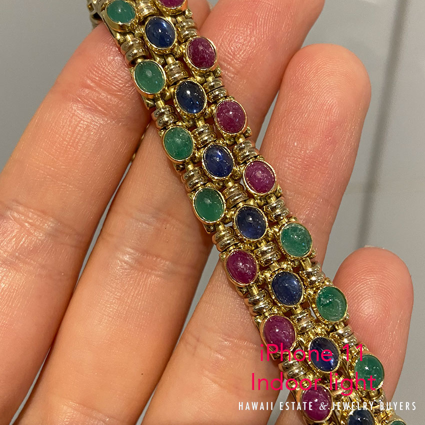 Vintage Natural Cabochon Ruby Sapphire Emerald Yellow Gold Bracelet 7 3/4" w/ Appraisal - Image 4