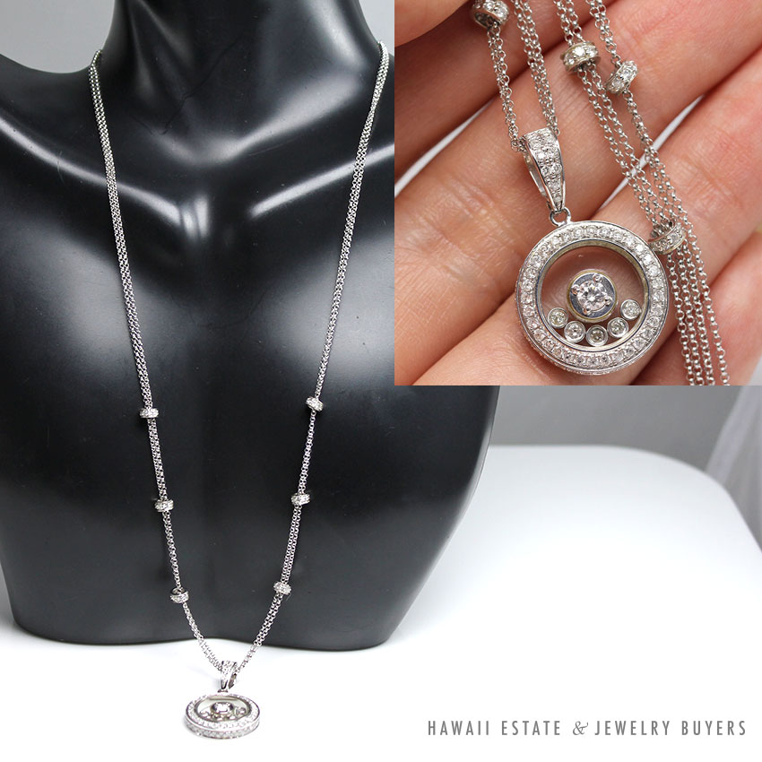 VINTAGE "FLOATING" DIAMOND 18K WHITE GOLD ROUND PENDANT CHAIN NECKLACE 19"