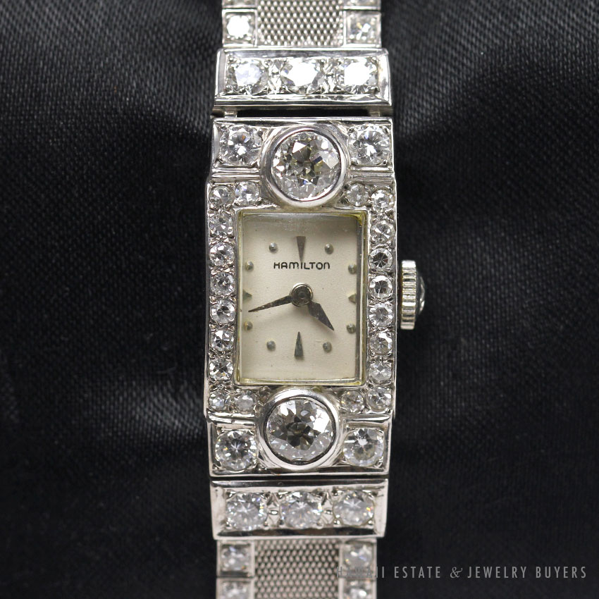 VINTAGE 1940'S HAMILTON LADIES DIAMOND 14KWG MESH BAND WRISTWATCH W/ APPRAISAL