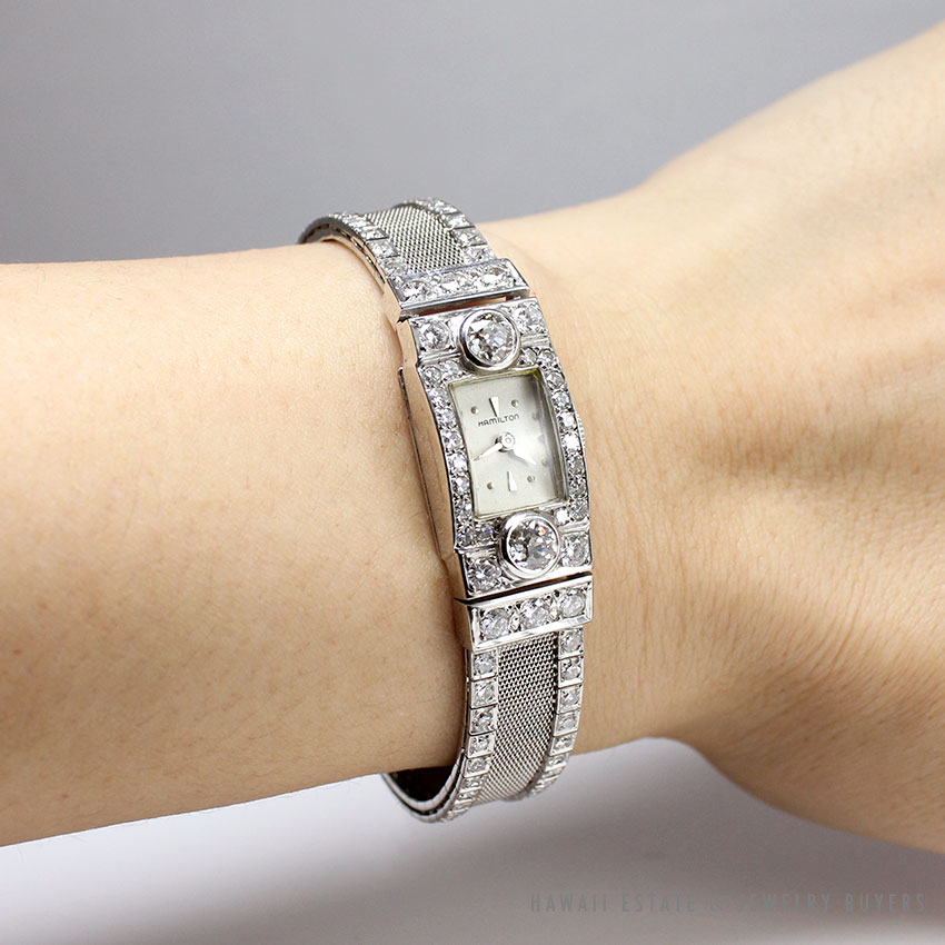 VINTAGE 1940'S HAMILTON LADIES DIAMOND 14KWG MESH BAND WRISTWATCH W/ APPRAISAL - Image 3