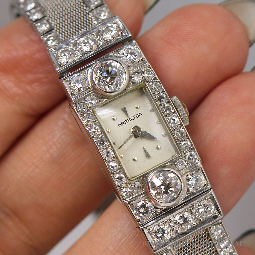 VINTAGE 1940'S HAMILTON LADIES DIAMOND 14KWG MESH BAND WRISTWATCH W/ APPRAISAL - Image 4