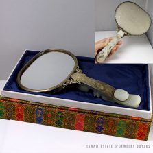 VINTAGE MUTTON FAT JADE STERLING SILVER CHINESE MIRROR COLLECTABLE
