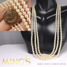 VINTAGE MING'S HAWAII 4-7MM PEARL 3 STRAND 14KYG PHOENIX CLASP NECKLACE