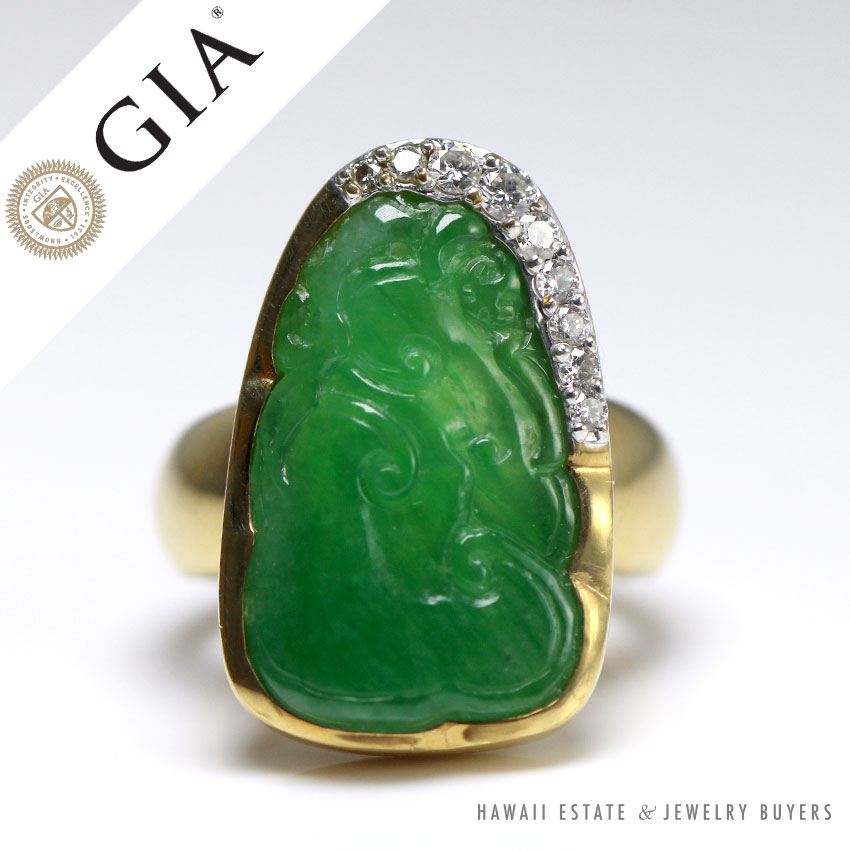 Tsl GIA Certified Natural a Jade Translucent Green Diamond 18KYG Ring Size 5.5
