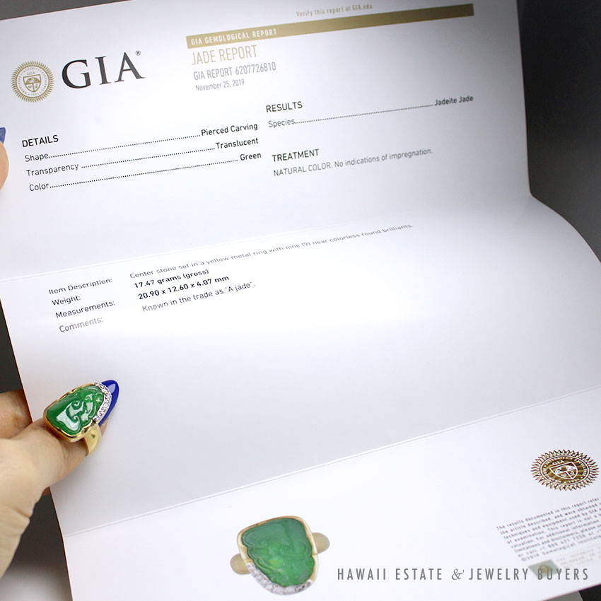 Tsl GIA Certified Natural a Jade Translucent Green Diamond 18KYG Ring Size 5.5 - Image 2