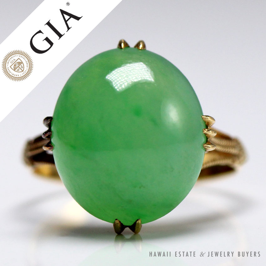 ANTIQUE GIA CERTIFIED A JADE GREEN DOUBLE CABOCHON 18K YELLOW GOLD RING SZ 5.5