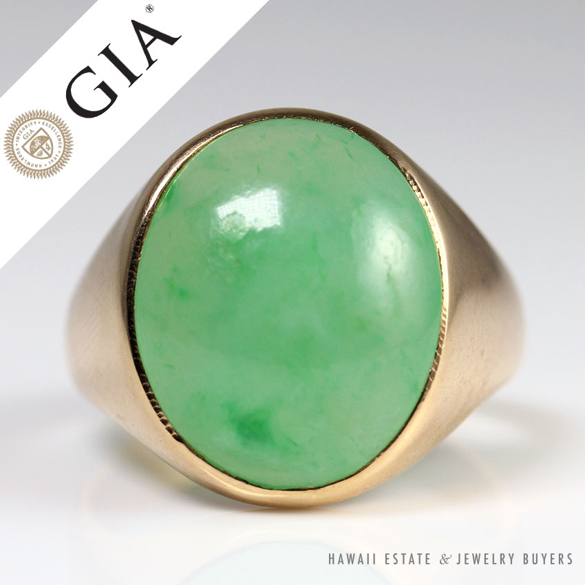 1960s DAWKINS BENNY GIA CERTIFIED A JADE GREEN 14K YELLOW GOLD MENS RING SZ 11.25