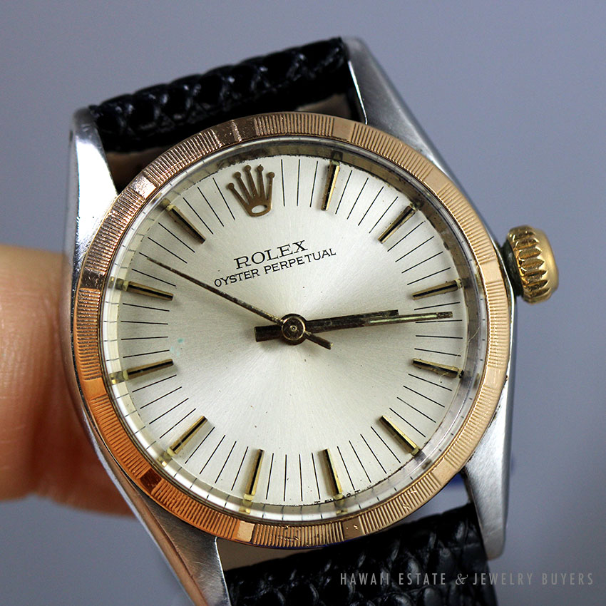 VINTAGE 1964 ROLEX OYSTER PERPETUAL REF 6548 TWO TONE WRIST WATCH LEATHER STRAP
