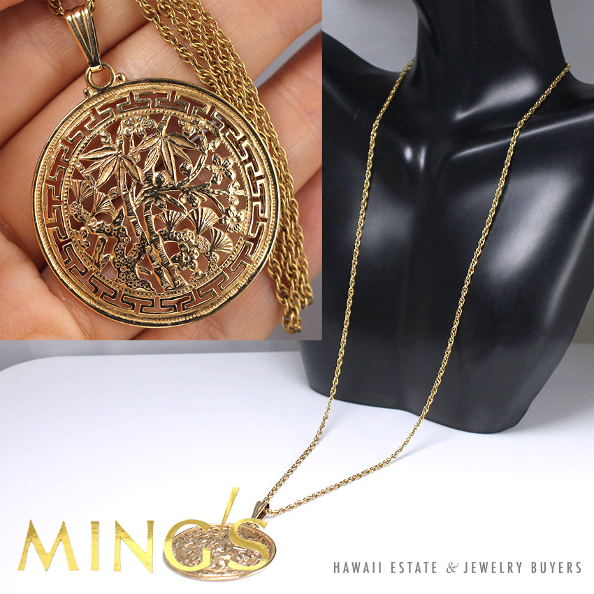 RARE MING'S HAWAII 37MM CHERRY BLOSSOM BAMBOO 14KYG SIGNED PENDANT & CHAIN