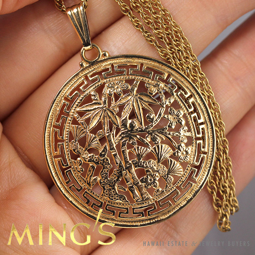 RARE MING'S HAWAII 37MM CHERRY BLOSSOM BAMBOO 14KYG SIGNED PENDANT & CHAIN - Image 3
