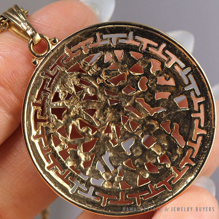 RARE MING'S HAWAII 37MM CHERRY BLOSSOM BAMBOO 14KYG SIGNED PENDANT & CHAIN - Image 2