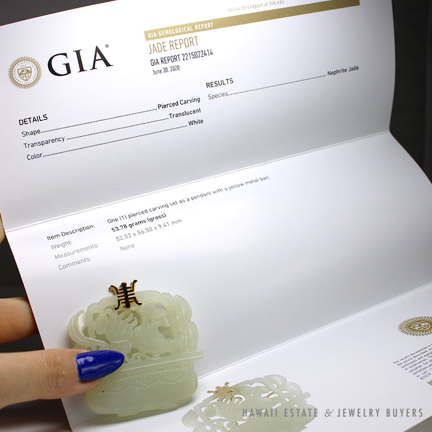 GIA CERTIFIED NEPHIRTE JADE WHITE BUDDHA HAND GUAVA YELLOW GOLD CHINESE PENDANT - Image 2