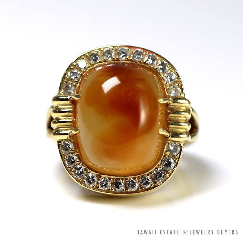 Bernard Hurtig Agate Cabochon & Diamond 18K Yellow Gold Ring Size 4.25