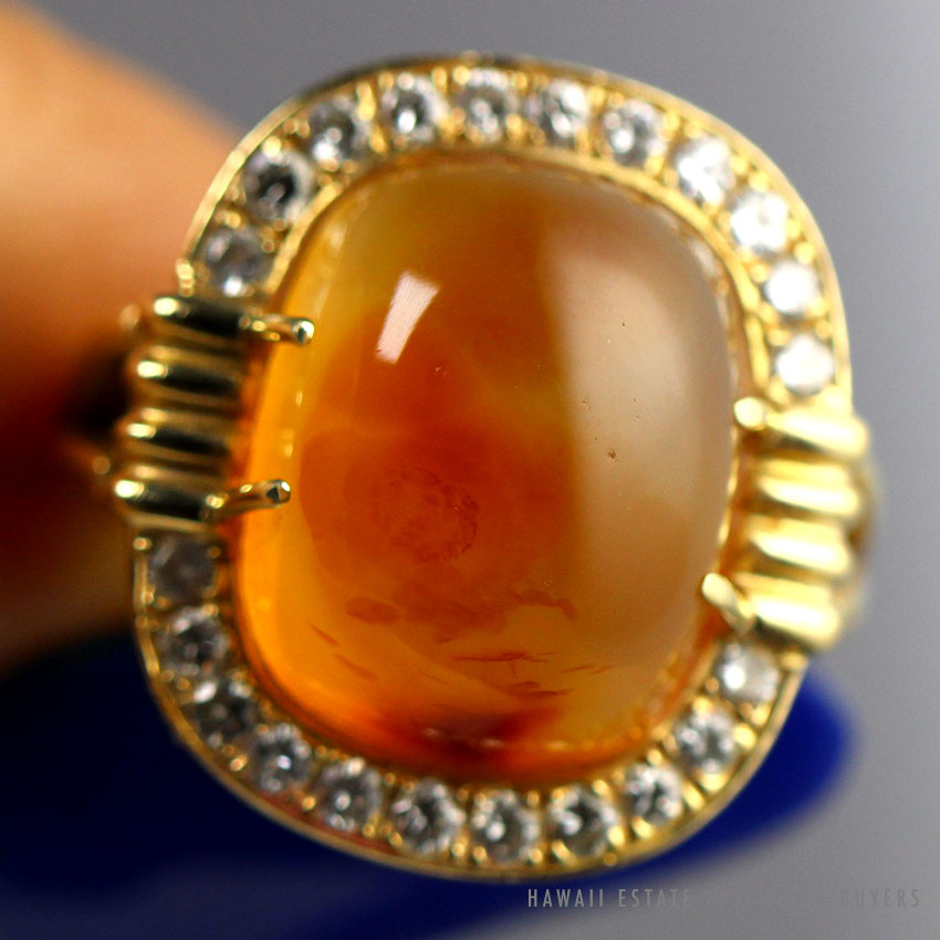 Bernard Hurtig Agate Cabochon & Diamond 18K Yellow Gold Ring Size 4.25 - Image 2