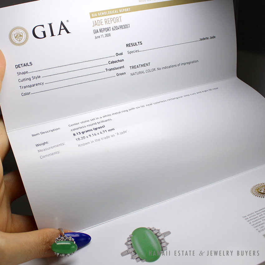 GIA Natural a Jade Green Translucent Cabochon 0.36ctw Diamond Platinum Ring Sz 6 - Image 2
