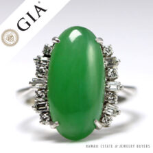 GIA NATURAL A JADE GREEN TRANSLUCENT CABOCHON 0.36CTW DIAMOND PLATINUM RING SZ 6