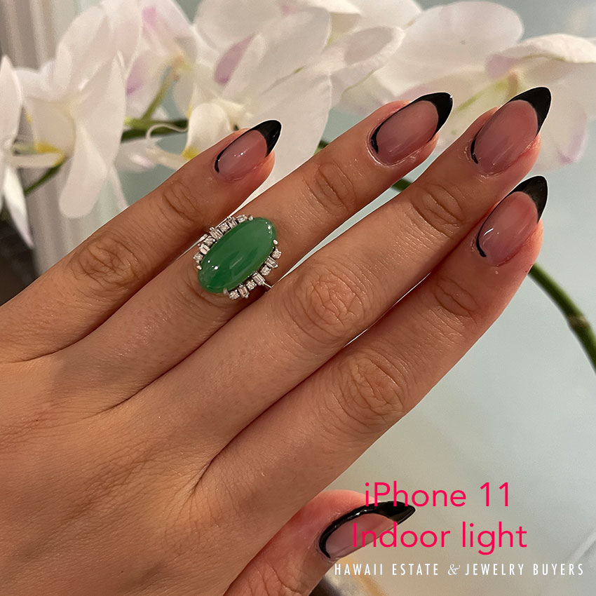 GIA Natural a Jade Green Translucent Cabochon 0.36ctw Diamond Platinum Ring Sz 6 - Image 3
