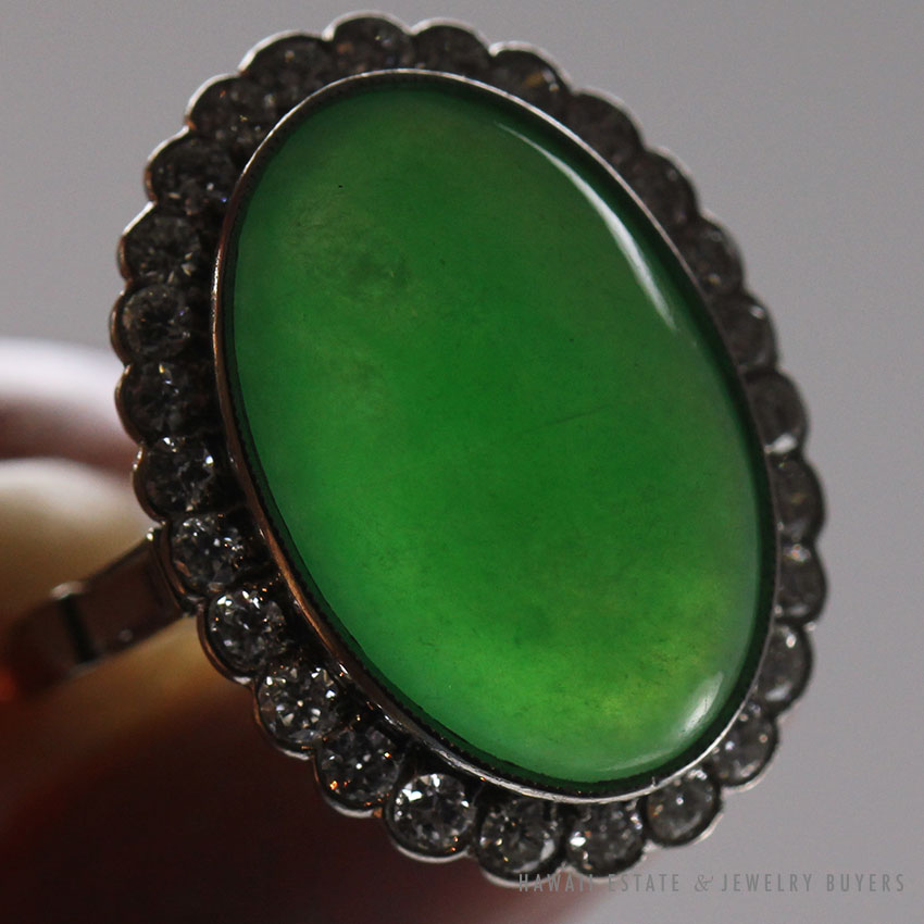 GIA Natural Imperial Green Jade Double Cabochon Diamond Platinum Ring Size 5.75 - Image 3