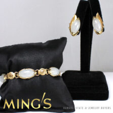 MING'S HAWAII 14K YELLOW GOLD MARQUISE CABOCHON WHITE JADE BRACELET EARRING SET