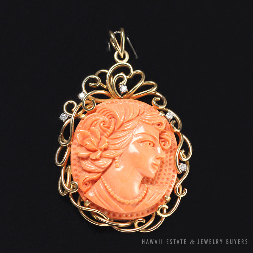Vintage Carved Coral Cameo & Diamond 14K Yellow Gold Wirework Pendant