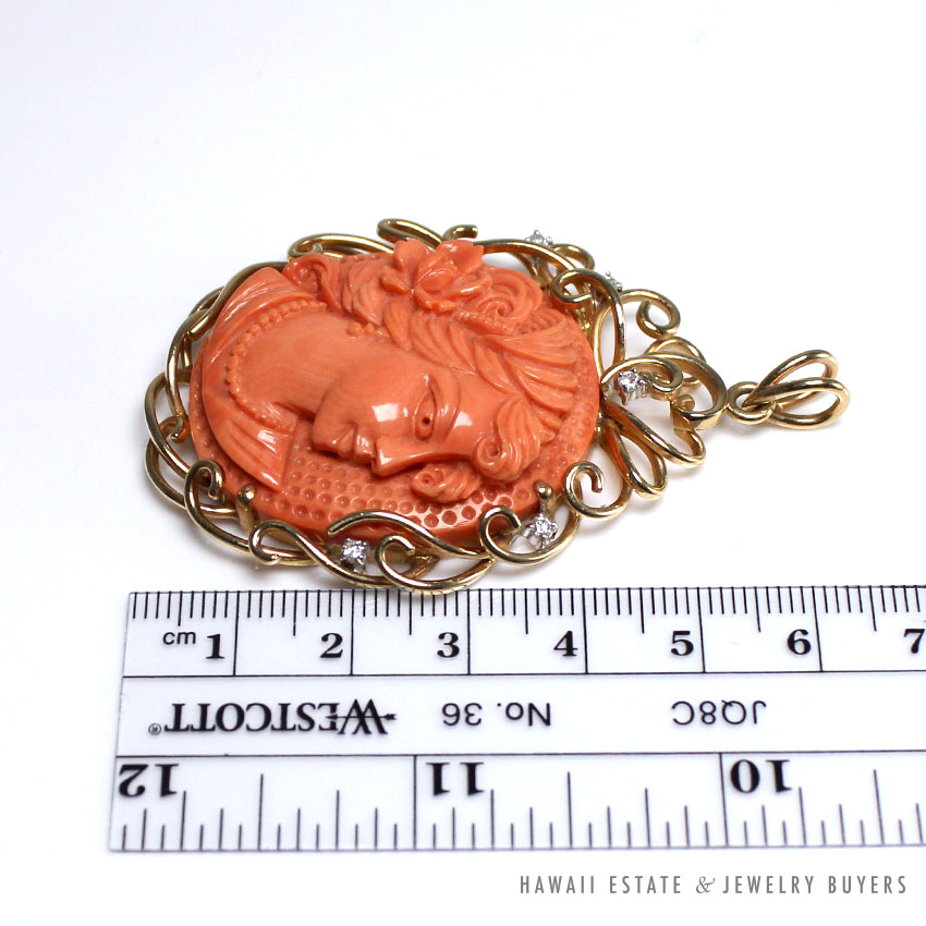 Vintage Carved Coral Cameo & Diamond 14K Yellow Gold Wirework Pendant - Image 3
