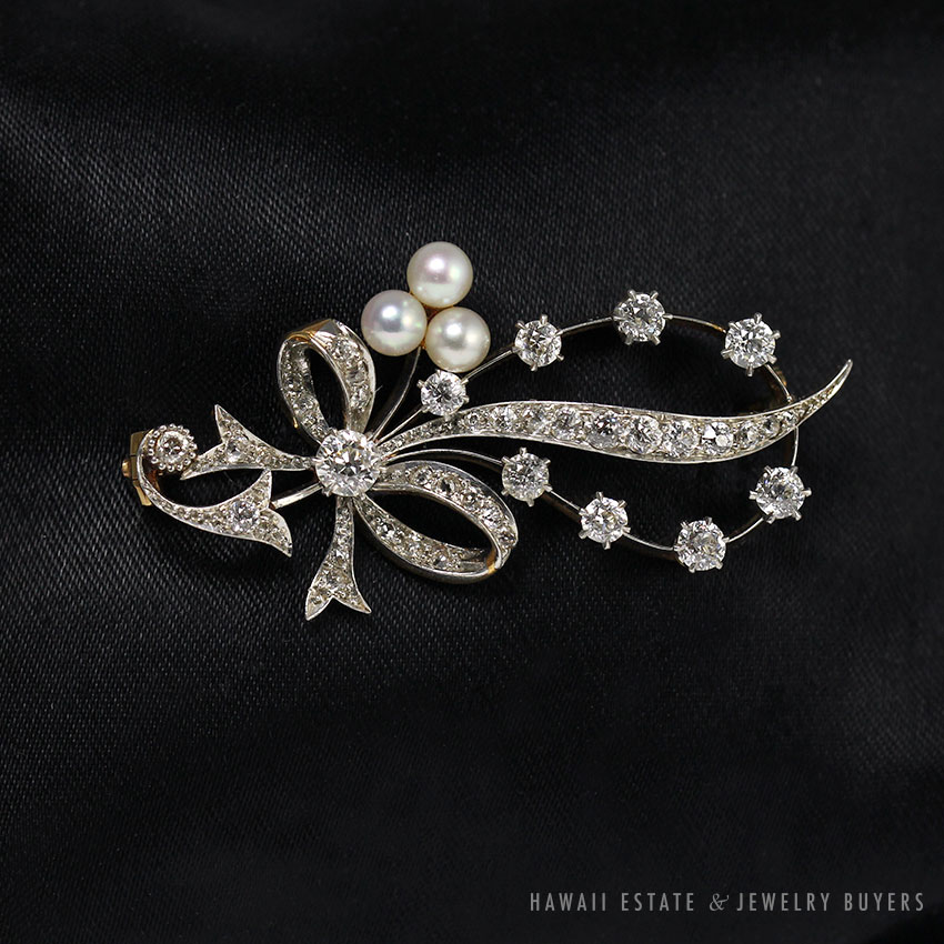 Art Deco 2.50ctw Old Euro Diamond Cultured Pearl Ribbon Motif PLAT 18K Brooch