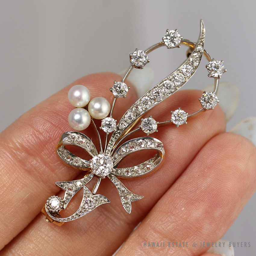 Art Deco 2.50ctw Old Euro Diamond Cultured Pearl Ribbon Motif PLAT 18K Brooch - Image 2