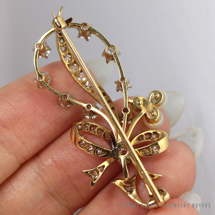 Art Deco 2.50ctw Old Euro Diamond Cultured Pearl Ribbon Motif PLAT 18K Brooch - Image 3
