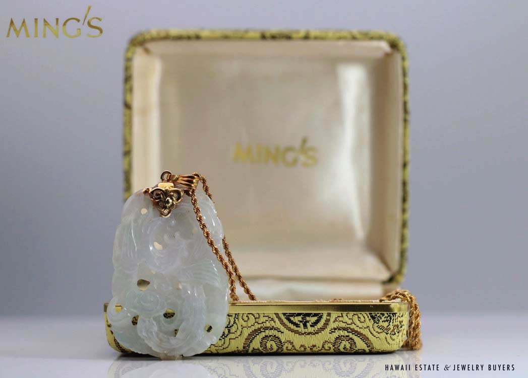 Ming's Hawaii Carved Jade 14K Yellow Gold Dragon Pendant Necklace 20 Inch - Image 3
