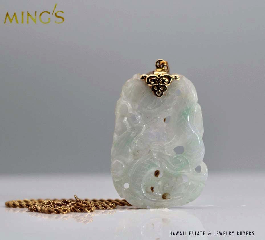 Ming's Hawaii Carved Jade 14K Yellow Gold Dragon Pendant Necklace 20 Inch - Image 2
