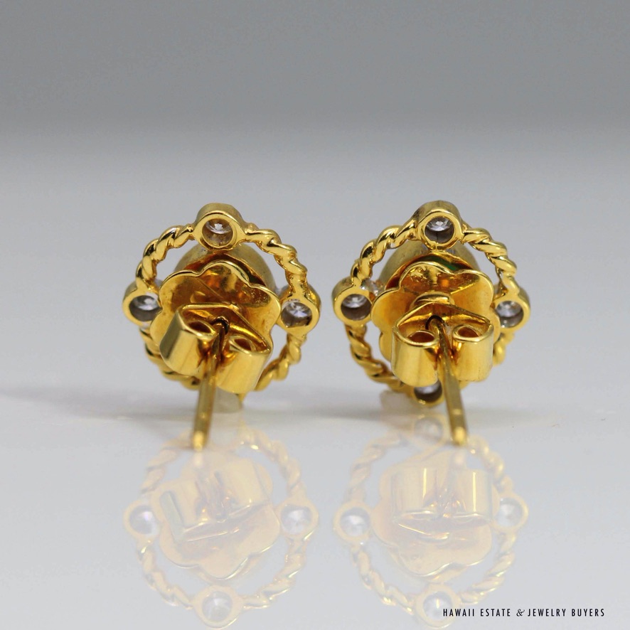 Oval Emerald Cabochon & Diamond 22K Yellow Gold Stud Earrings - Image 5