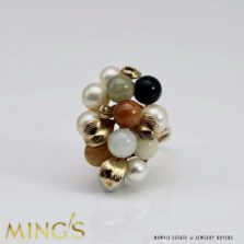 MING'S 11.6g 14KYG MULTI JADE & PEARL CLUSTER W/LEAF MOTIF RING SIZE 7.75